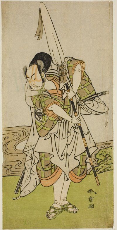 O ator Nakamura Juzo II como Asahara Hachiro disfarçado de servo de uma família principesca, na peça Onna Aruji Hatsuyuki no Sekai, apresentada no Teatro Morita no décimo primeiro mês de 1773 de Katsukawa Shunsho