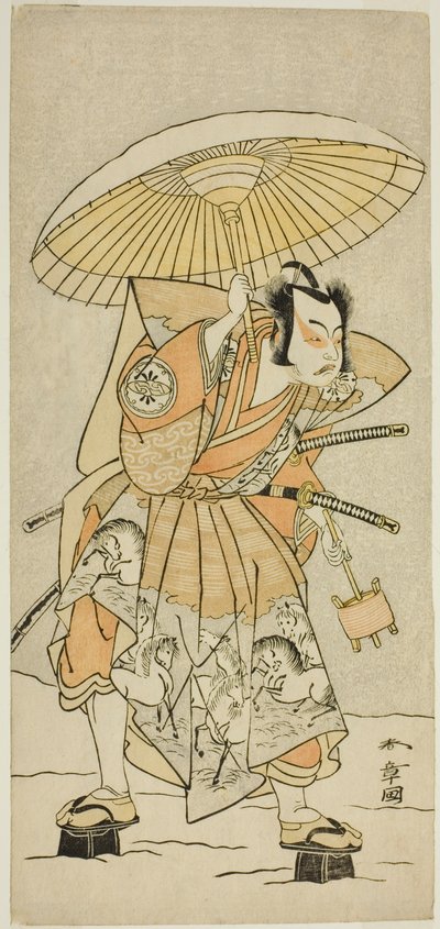 O ator Nakamura Juzo II como Kajiwara Genta Kagetoki na peça Izu-goyomi Shibai no Ganjitsu, apresentada no Teatro Morita no décimo primeiro mês, 1772 de Katsukawa Shunsho