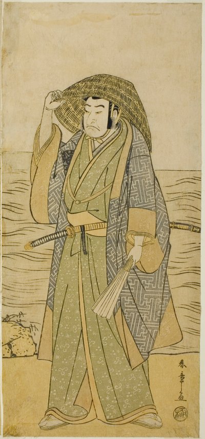 O Actor Nakamura Nakazo I como Kume no Heinaizaemon Disfarçado de Fortuna de Rua Kosaka Jinnai, na peça Kotobuki Banzei Soga, interpretada no Teatro Ichimura no Quinto Mês, 1783 de Katsukawa Shunsho