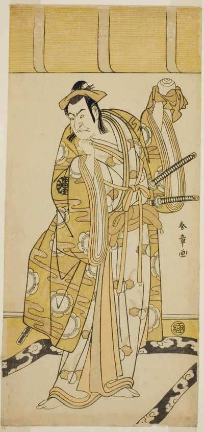 Nakamura Nakazo I como Nagao Terutora na peça Kuruma-gakari Tekuda no Gumbai, apresentada no Teatro Ichimura no décimo primeiro mês, de Katsukawa Shunsho