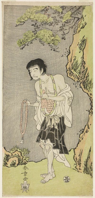 O Ator Nakamura Nakazo I como Monge, Raigo Ajari, na Peça Nue no Mori Ichiyo no Mato (Floresta do Monstro Nue: Alvo do Décimo Primeiro Mês), encenada no Teatro Nakamura a partir do Primeiro Dia do Décimo Primeiro Mês, 1770 de Katsukawa Shunsho