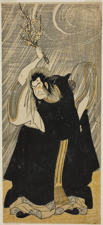 O ator Nakamura Nakazo I como o deus do trovão, uma encarnação de Kan Shojo, na peça "Sugawara Denju Tenarai Kagami", apresentada no Teatro Morita no terceiro mês de 1780 de Katsukawa Shunsho