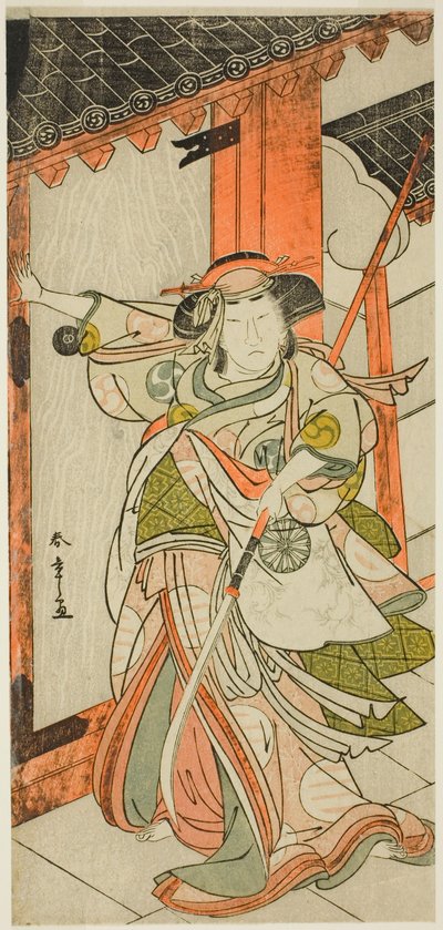O ator Nakamura Tomijuro I como Hangaku Gozen a derrubar o portão na peça Wada-gassen Onna Maizuru (O conflito de Wada: o "Maizuru" de uma mulher), representada no Teatro Nakamura a partir do vigésimo quinto dia do sétimo mês de 1777 de Katsukawa Shunsho