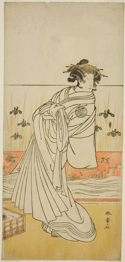 O ator Nakamura Tomijuro I como a cortesã Toyama na peça Koi Nyobo Somewake Tazuna, apresentada no Teatro Nakamura no nono mês de 1777 de Katsukawa Shunsho