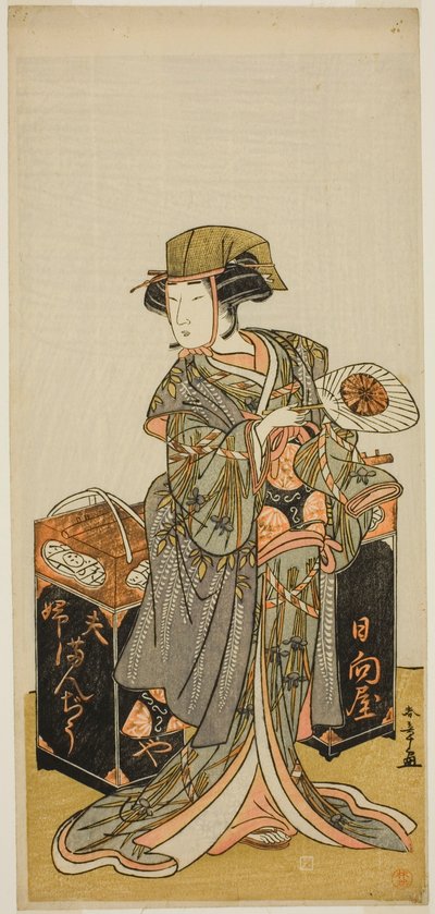 O ator Nakamura Tomijuro I como o Feminino Beancake Mascate Hyugaya na peça Chigo Torii Tobiiri Kitsune, realizada no Teatro Ichimura no décimo primeiro mês de 1777 de Katsukawa Shunsho