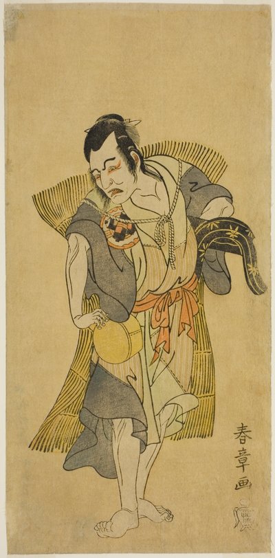 O ator Nakamura Utaemon I como Kudo Suketsune disfarçado de mendigo na peça Soga Moyo Aigo no Wakamatsu, apresentada no Teatro Nakamura no primeiro mês, 1769 de Katsukawa Shunsho