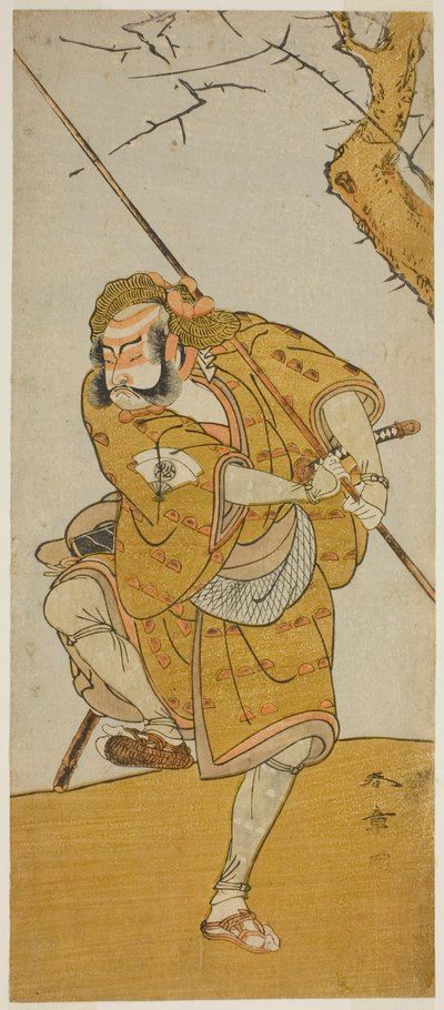 O ator Onoe Matsusuke I como Kobayashi no Asahina disfarçado de caçador de pássaros na peça Edo no Haru Meisho Soga, apresentada no Teatro Ichimura no terceiro mês de 1773 de Katsukawa Shunsho
