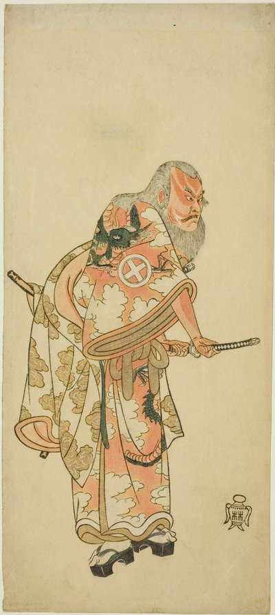 Ator Otani Hiroemon III como Hige no Ikyu na cena “Sukeroku” na peça “Hitokidori Harutsuge Soga” de Katsukawa Shunsho