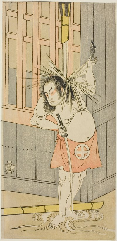 O ator Otani Hiroji III, possivelmente como Akaneya Hanshichi na peça Fuji no Yuki Kaikei Soga (Neve no Monte Fuji: A Vingança de Soga), apresentada no Teatro Ichimura a partir do décimo quinto dia do primeiro mês, 1770 de Katsukawa Shunsho