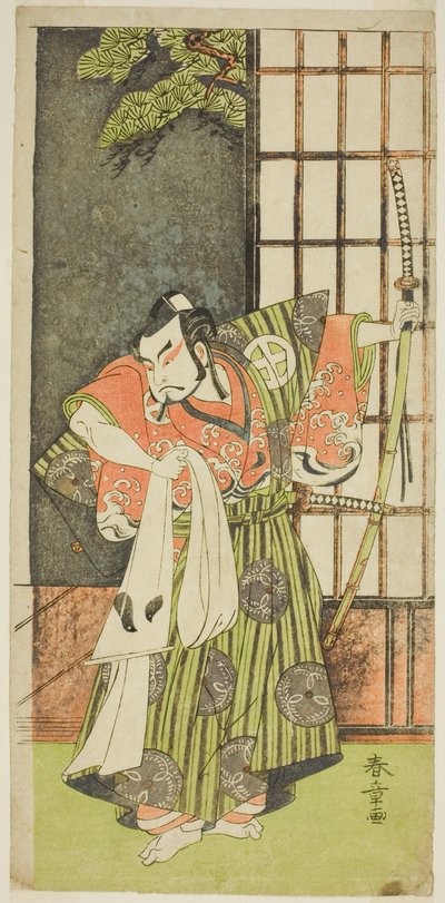O ator Otani Hiroji III como Kawazu no Saburo na peça Myoto-giku Izu no Kisewata, apresentada no Teatro Ichimura no décimo primeiro mês, 1770 de Katsukawa Shunsho