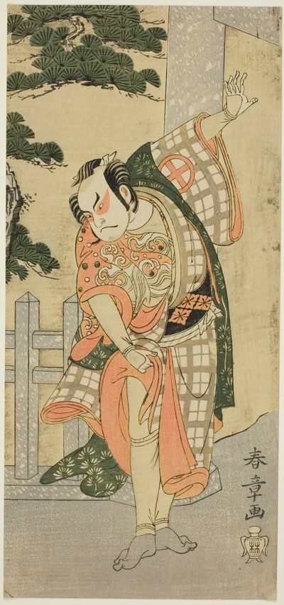 O ator Otani Hiroji III em uma pose de palco (Mie) diante de um portal do santuário de Katsukawa Shunsho