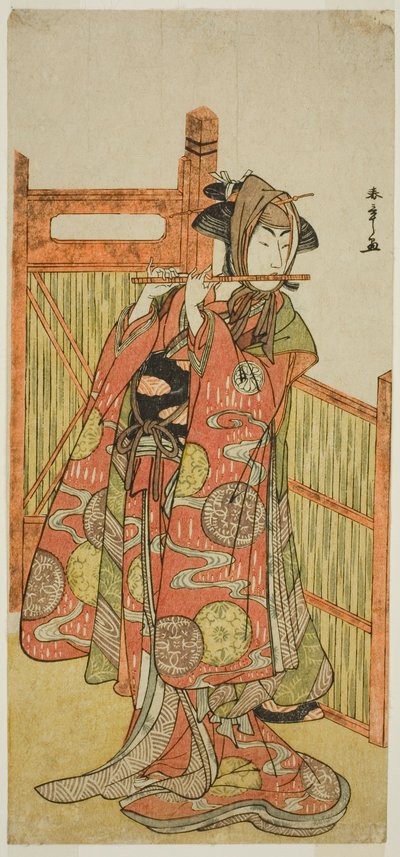 O ator Segawa Kikunojo III como Kojoro-gitsune disfarçado de florista Okiku na peça Mure Takamatsu Yuki no Shirahata, apresentada no Teatro Ichimura no décimo primeiro mês de 1780 de Katsukawa Shunsho