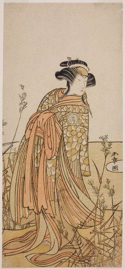 O ator Segawa Kikunojo III como Espírito de um pato mandarim (Oshidori) disfarçado de Tagasode, na peça Hana-zumo Genji Hiiki, apresentada no Teatro Nakamura no décimo primeiro mês de 1775 de Katsukawa Shunsho