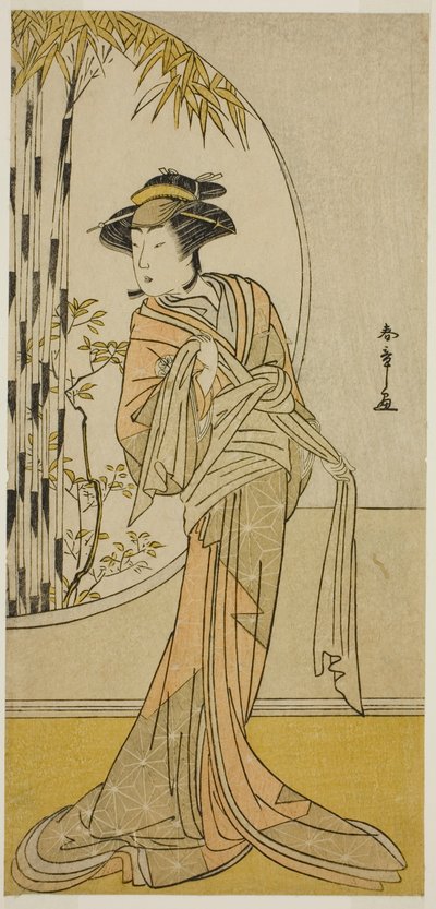 O ator Tsuneyo II como Okaru na peça Kanadehon Chushingura, apresentada no Teatro Morita no oitavo mês de 1779 de Katsukawa Shunsho