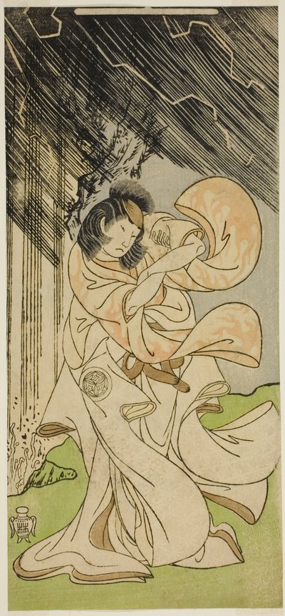 O ator Yamashita Kinsaku II como uma deusa do trovão na peça Onna Narukami, apresentada no Teatro Morita no primeiro mês, 1770 de Katsukawa Shunsho