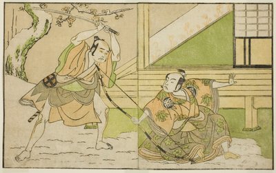 Os atores Arashi Sangoro II como Hojo Tokiyori (direita), e Otani Hiroji III como Koga Saburo (esquerda), na peça Kono Hana Yotsugi no Hachi no Ki, apresentada no Teatro Ichimura no décimo primeiro mês, 1771 de Katsukawa Shunsho