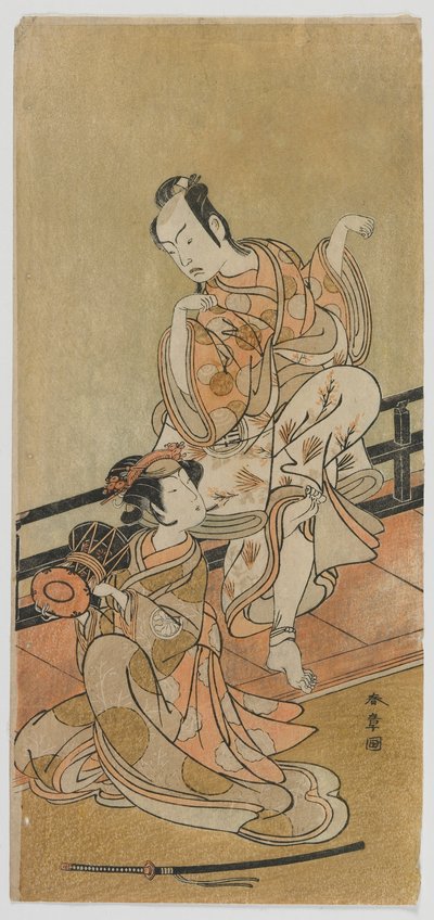 Os Actores Arashi Sangoro II como Tadanobu e Segawa Kikunojo III como Shizuka Gozen na peça Yoshitsune e as Mil Árvores de Cerejeira, período Edo de Katsukawa Shunsho