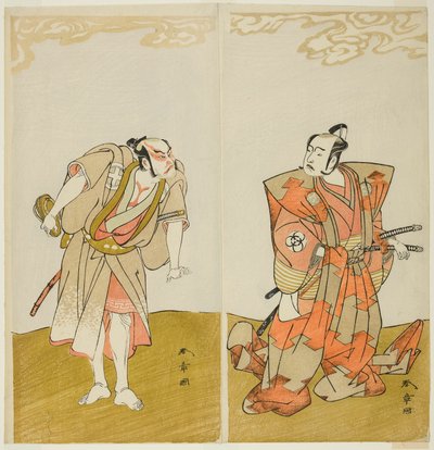 Os atores Bando Mitsugoro I como Hata no Kawakatsu (à direita), e Otani Hiroemon III como o Manservant (Yakko) Gansuke (à esquerda), na peça Miya-bashira Iwao no Butai (Shrine Pillars on a Stone Base), apresentada no Morita Teatro do décimo quinto dia de t de Katsukawa Shunsho