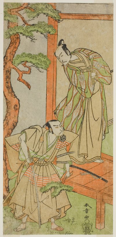 Os atores Ichikawa Danjuro V como Momonoi Wakasanosuke (à direita), e Nakamura Nakazo I como Kakogawa Honzo (à esquerda), na peça Kanadehon Chushingura, apresentada no Teatro Nakamura no Quinto Mês de 1771 de Katsukawa Shunsho