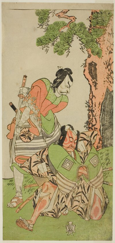 Os Atores Ichikawa Danzo III como I no Hayata Tadazumi (à direita), e Matsumoto Koshiro II como Osada no Taro Kagemune Disfarçado de Yatsurugi Zaemon (à esquerda), na peça Nue no Mori Ichiyo no Mato, apresentada no Teatro Nakamura no décimo primeiro mês ,  de Katsukawa Shunsho
