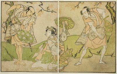 Os atores Ichikawa Somegoro (direita), Segawa Kikunojo II (centro) e Bando Sampachi (esquerda), em papéis não identificados na peça Myoto-giku Izu no Kisewata, apresentada no Teatro Ichimura no décimo primeiro mês, 1770 de Katsukawa Shunsho