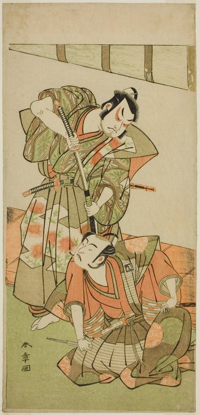 Os Atores Ichikawa Yaozo II como Konoshita Hyokichi (?) (à direita), e Sakata Hangoro II como Matsunaga Daizen Hisahide (?) (à esquerda), na peça Gion Sairei Shinko Ki (?), realizada no Teatro Ichimura (?) em o quinto mês, 1775 (?) de Katsukawa Shunsho