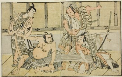 Os atores Ichikawa Yaozo II como Kujaku no Saburo, Matsumoto Koshiro II como Hata no Daizen Taketora, Nakajima Mihoemon II como Aramaki Mimishiro e Nakamura Shocho I como Ki no Tsurayuki (da direita para a esquerda), na peça Kuni no Hana Ono no Itsumoji, R de Katsukawa Shunsho