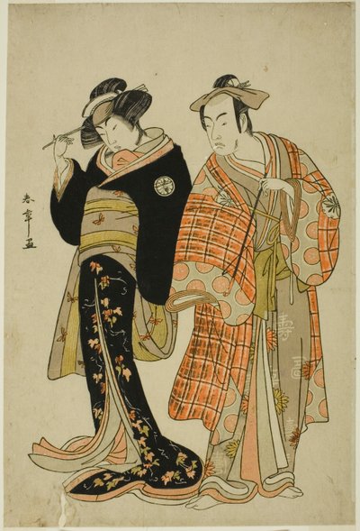 Os Atores Matsumoto Koshiro IV e Segawa Kikunojo III como os Amantes Choemon (direita) e Ohan (esquerda), na cena de fuga "Michiyuki Segawa no Adanami" (An Elopement: Traacherous Waves in the Shallow River), um Interlúdio de Dança da Parte Dois do jogo de Katsukawa Shunsho