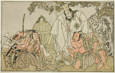 Os atores Nakajima Mihoemon II como Aramaki Mimishiro (direita), Matsumoto Koshiro II como Otomo no Yamanushi (centro), e Ichikawa Danzo III como Hannya no Goro (esquerda), na peça Kuni no Hana Ono no Itsumoji, apresentada no Teatro Nakamura no décimo prim de Katsukawa Shunsho