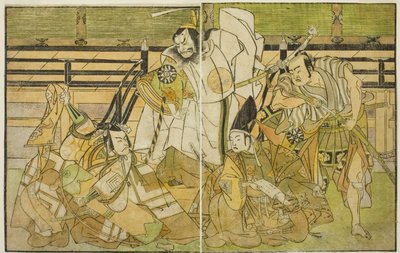 Os atores Nakamura Denkuro II como Seno-o Taro, Ichikawa Komazo II como Yorimasa, Nakamura Nakazo I como Taira no Kiyomori e Ichikawa Danjuro V como Kiou Takiguchi (da direita para a esquerda), na peça Nue no Mori Ichiyo no Mato, realizada no o Teatro Naka de Katsukawa Shunsho