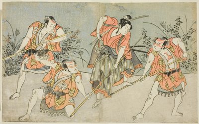 Os atores Nakamura Kashiwagi como Wakashu (segundo da direita) e três atores não identificados como Yakko de Katsukawa Shunsho
