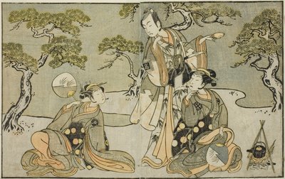 Os atores Nakamura Nakazo I como Matsukaze (direita), Ichikawa Komazo II como Ariwara no Yukihira (centro), e Iwai Hanshiro IV como Murasame (esquerda), na peça Kuni no Hana Ono no Itsumoji, apresentada no Teatro Nakamura na Décima Primeira Mês, 1771 de Katsukawa Shunsho