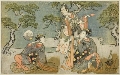 Os atores Nakamura Nakazo I como Matsukaze (direita), Ichikawa Komazo II como Ariwara no Yukihira (centro), e Iwai Hanshiro IV como Murasame (esquerda), na peça Kuni no Hana Ono no Itsumoji, apresentada no Teatro Nakamura na Décima Primeira Mês, 1771 de Katsukawa Shunsho
