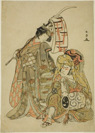 Os Atores Nakamura Nakazo I como Onmaya Kisanda Vestido como Kakubei, o Dançarino do Leão (Kakubei-jishi) (à direita) e Segawa Kikunojo III como Shizuka Gozen (à esquerda), na Sequência de Dança "Myoto-zake Kawaranu Nakanaka" (Eterna Harmonia do Casamento  de Katsukawa Shunsho