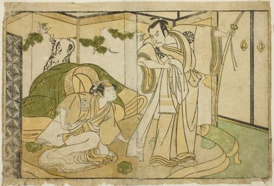 Os atores Nakamura Nakazo I como Taira no Kiyomori (direita), e Yamashita Kinsaku II como Tokiwa Gozen (esquerda), na peça Nue no Mori Ichiyo no Mato, apresentada no Teatro Nakamura no décimo primeiro mês, 1770 de Katsukawa Shunsho
