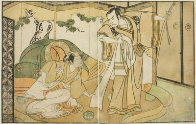 Os atores Nakamura Nakazo I como Taira no Kiyomori (direita), e Yamashita Kinsaku II como Tokiwa Gozen (esquerda), na peça Nue no Mori Ichiyo no Mato, apresentada no Teatro Nakamura no décimo primeiro mês, 1770 de Katsukawa Shunsho