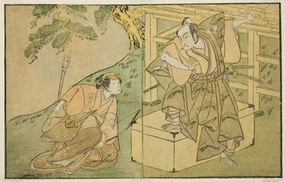 Os atores Onoe Matsusuke I como Akaboshi Taro (direita), e Azuma Tozo II como Shirotae (esquerda), na peça Kono Hana Yotsugi no Hachi no Ki, apresentada no Teatro Ichimura no décimo primeiro mês, 1771 de Katsukawa Shunsho
