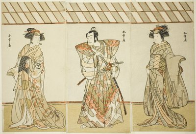 Os atores Onoe Tamizo I como Nishikigi (?) ou Otae (?) (direita), Ichikawa Danjuro V como Miura Heidayu Kunitae (?) (centro) e Osagawa Tsuneyo II como Oyuki (?) (esquerda), no Play Date Nishiki Tsui no Yumitori (?), Apresentado no Teatro Morita (?) no E de Katsukawa Shunsho