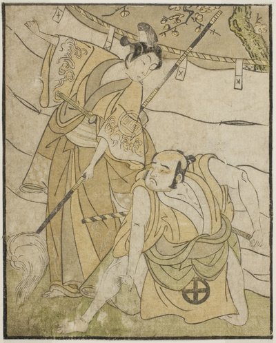 Os atores Otani Tomoemon I como Emohei (direita), e Sanogawa Ichimatsu II como Sanada Yoichi (esquerda), na peça Myoto-giku Izu no Kisewata, apresentada no Teatro Ichimura no décimo primeiro mês, 1770 de Katsukawa Shunsho