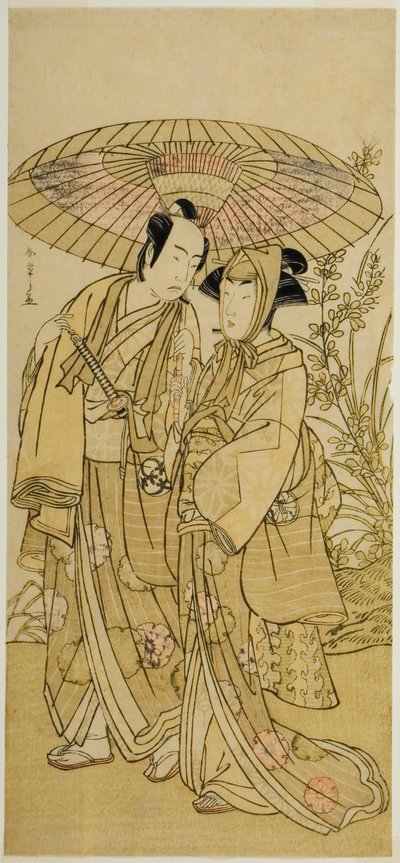 Os Atores Segawa Kikunojo III (direita) como Ochiyo, e Bando Mitsugoro I (esquerda) como o Verdureiro Hambei, na Peça Kabuki no Hana Bandai Soga, apresentada no Teatro Ichimura no Quarto Mês, 1781 de Katsukawa Shunsho