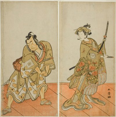 The Actors Segawa Kikunojo III as Aigo no Waka (right), and Ichikawa Yaozo II as Hachio-maru Aratora (left), in the Play Chigo Sakura Jusan Kane, Performed at the Ichimura Theater in the Eleventh Month, 1774 de Katsukawa Shunsho