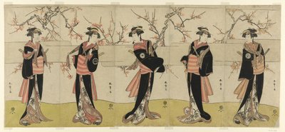 Os atores Segawa Kikunojo III como Karigane Obun, Nakayama Tomisaburo I como An no Oyasu, Iwai Kiyotaro II como Kaminari no Osha, Nakayama Tatezo I como Gokuin no Osen e Ichikawa Monnosuke II como Hotei no Oichi (da direita para a esquerda), em "Gonin Onna de Katsukawa Shunsho
