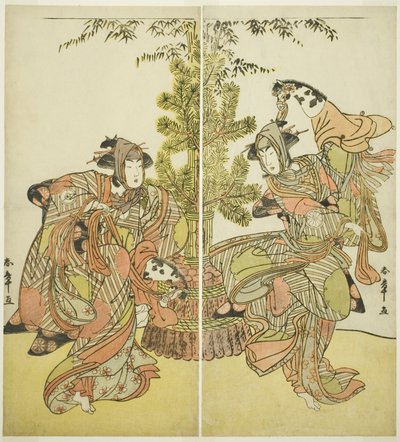 Os atores Segawa Kikunojo III como Yasukata (direita), e Iwai Hanshiro IV como Utou (esquerda) na peça Godai Genji Mitsugi no Furisode, realizada no Teatro Nakamura no décimo primeiro mês, 1782 de Katsukawa Shunsho