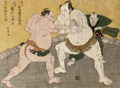 The Wrestling Match entre Kimenzan Tanigoro e Edogasaki Gemji (impressão em xilogravura colorida) de Katsukawa Shunsho