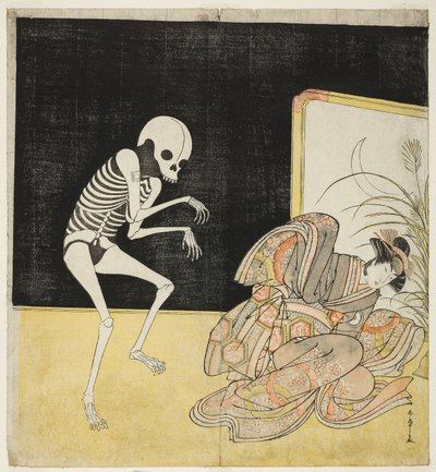 Os actores Ichikawa Danjuro V como esqueleto, espírito do monge renegado Seigen (esquerda), e Iwai Hanshiro IV como Princesa Sakura (direita), na peça "Vestígios de Pinheiro e Cerejeira". de Katsukawa Shunsho