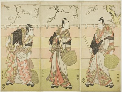 Três Komuso Monks: Os Atores Ichikawa Ebizo (Danjuro V) como Kudo Suketsune (direita), Ichikawa Monnosuke II como Soga no Juro Sukenari (centro), e Ichikawa Omezo I como Soga no Goro Tokimune (esquerda), no sexto ato da peça Waka Murasaki Edokko Soga (roxo de Katsukawa Shunsho