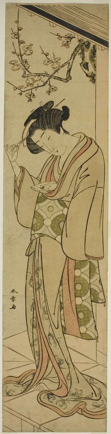 Mulher em uma varanda prestes a abrir uma carta de amor de Katsukawa Shunsho