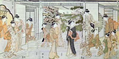Jovens mulheres com um cesto de crisântemos (impressão a cores de bloco de madeira) de Katsukawa Shunsho