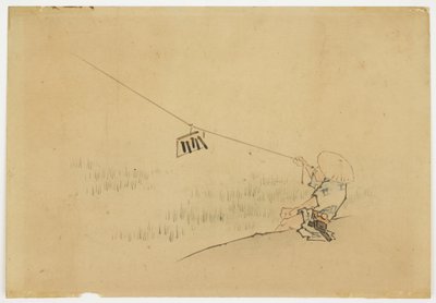 Fazendeiro empinando pipa com badalo de pássaro, ca. 1850 (tinta e cor no papel) de Katsushika (school of) Hokusai