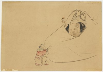 Hotei oferece joia flamejante a um menino, c.1850 (tinta e cor no papel) de Katsushika (school of) Hokusai